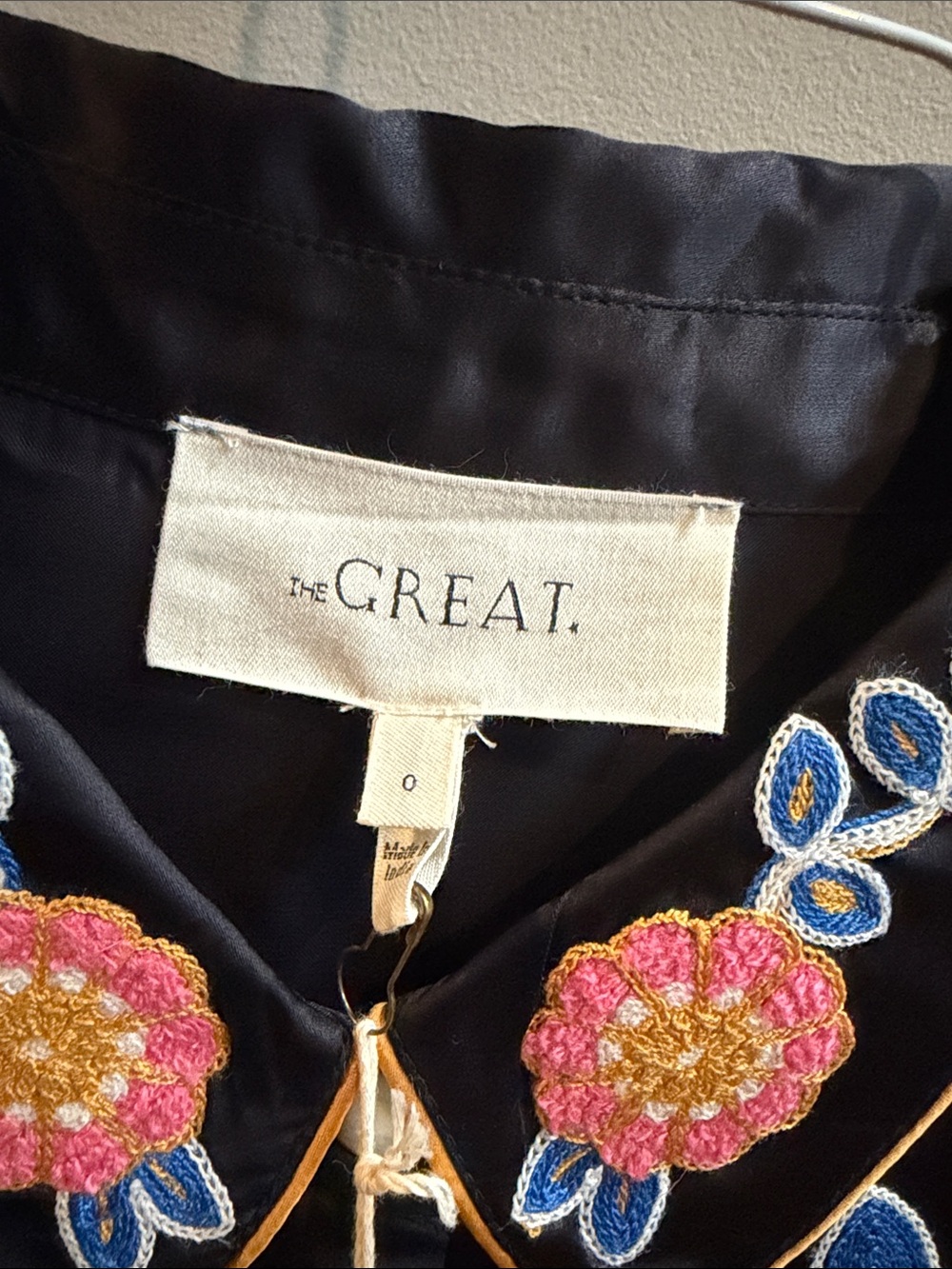 THE GREAT. Black Embroidered Silk Western Blouse with Pink Floral Accents - Picture 3 of 6